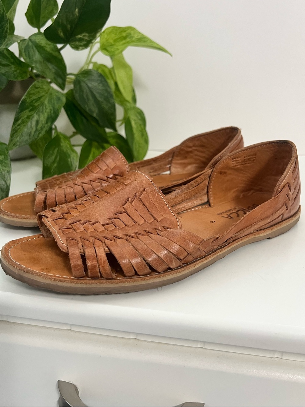 Leather Woven Espadrilles Tan Sandals, Size 8